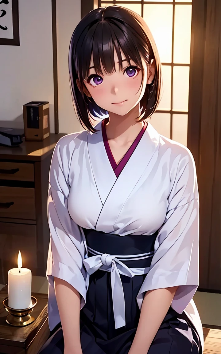 High resolution,In 8K,Best Quality,detailed,Semi-realistic anime,Anime 3D Style,Smooth anime CG,One Girl,1 Japanese woman,slim,Modeled,((Round, shiny black hair like a kokeshi doll)),((The candle is next to the desk)),((Sitting at a low study desk)),((Japanese female calligrapher)),(((Cowboy Shot))),((Short cut to the cheek)),((Shiny, beautiful hair)),((Short Bob)),detailedな顔,Beautiful and detailed,Beautiful and detailed,((Old Japanese Houses)),Glowing Skin,(((White Haori))),(Purple Hakama),Deep violet sparkling eyes,(Small breasts),((Looking at the camera)),((Shut your mouth.)),(A face that noticed something)