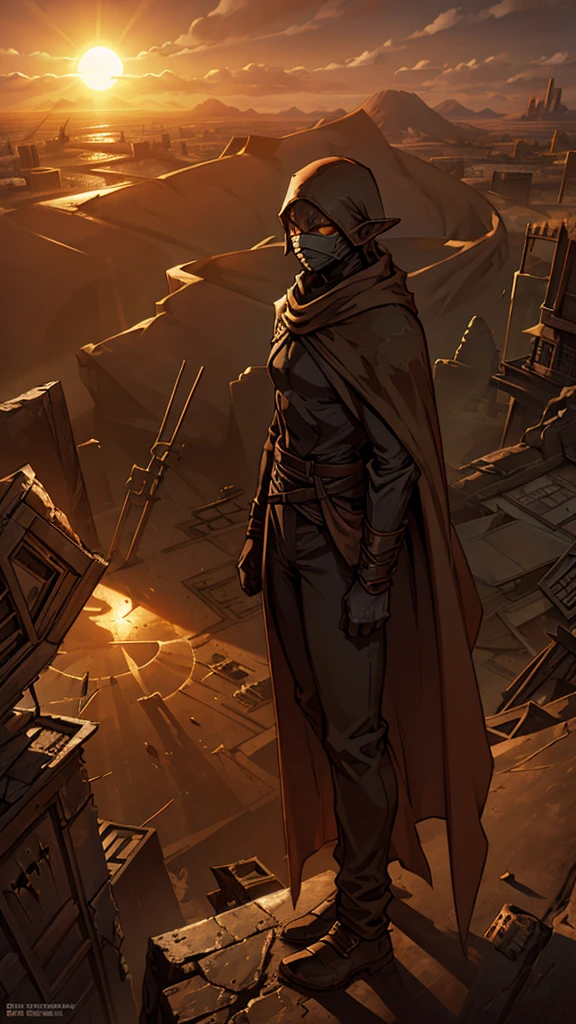 A cloaked elf runner in desert gear, standing atop a crumbling skyscraper, with the wind whipping sand around. The high-tech mask glows faintly as the elf surveys a city buried in dunes, where broken glass and rusted metal structures poke through the sands. The tattered cloak blends into the dusty, sun-scorched environment, creating a haunting silhouette against the desolate horizon.