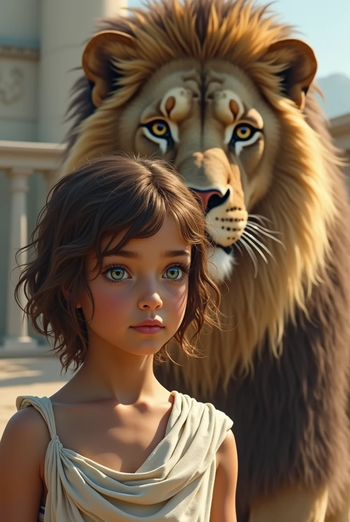 pixar-style,Master masterpieces,best qualtiy,A girl,In the wilderness,the Lion,cinematic photogtaphy,the detail,4K
