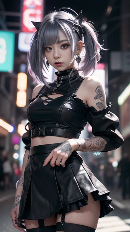 1girl, blue hair, short hair, black thighhighs, hairband, bangs, symmetry eyes, cityscape, night, detailed face, medium breasts, (looking at viewer:1.2), black kneehighs, pantyhose, smooth chin, (ulzzang-6500:0.7), (smile:0.9), (upper body:1.2), closed mouth, game cg, rendering, (photorealistic:1.2),