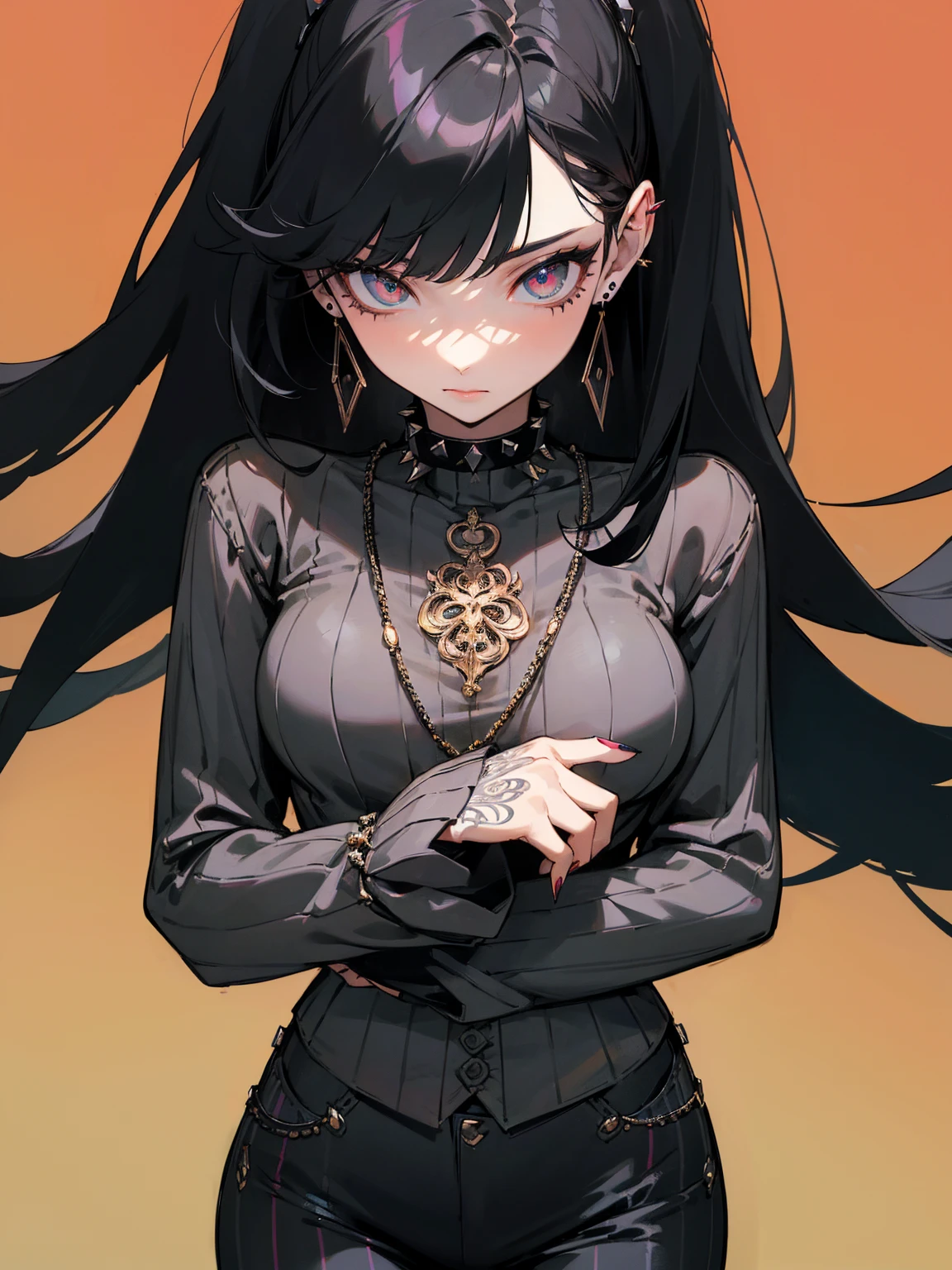 masterpiece, best quality, 1girl, long hair, black hair, straight bangs, grey eyes, exposed arms and shoulders, black shirt, (print on shirt:1.2), (black metal print shirt:1.4), (underboob:1.2), navel, midriff, thighhighs, garter straps, (grey plaid pleated tartan skirt)