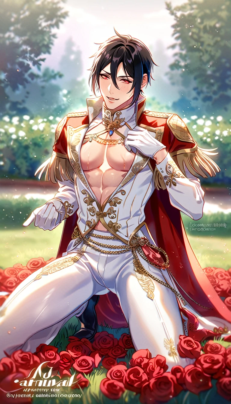 absurdres, highres, ultra detailed, HDR, masterpiece, best quality, detailed face, detailed eyes, Sebastian Michaelis, black hair, expressive red eyes, Kuroshitsuji, Nu Carnival, solo, sexy man, adult face, handsome, sensual, horny, erotic, manly, toned chest, fantasy white prince clothes, fancy clothes, prince, red cape with high collar, white gloves, white pants, kneeling down on the grass, accessories, showing the chest, garden, red roses, red petals 