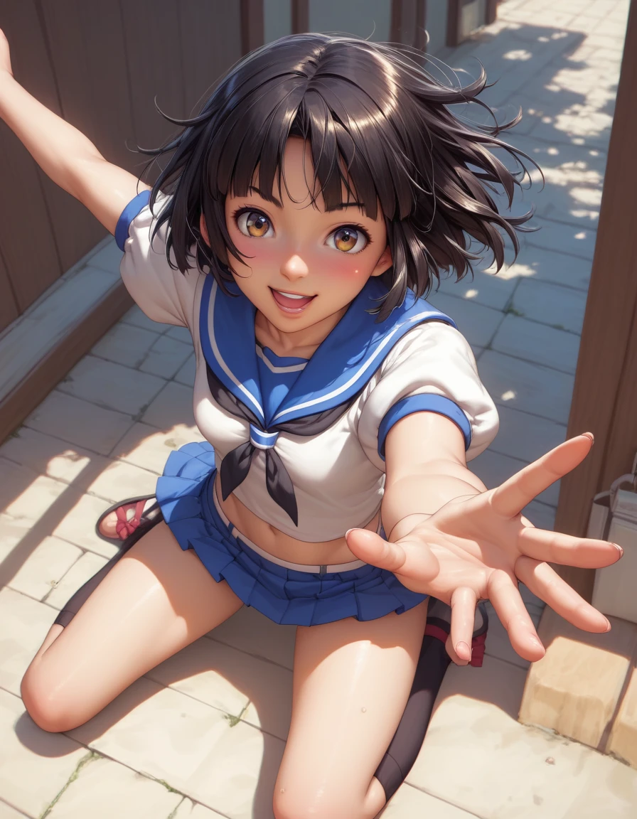 score_9, score_8_up, score_7_up, best quality, masterpiece, source_anime, zPDXL3, BREAK, mio amakura, miodefault, 1girl high angle, Kneeling with one hand reaching out,
