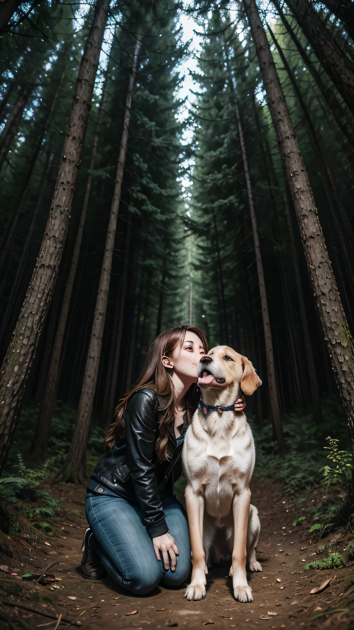 Make me a dog happily licking a woman in a forest at night High resolution,