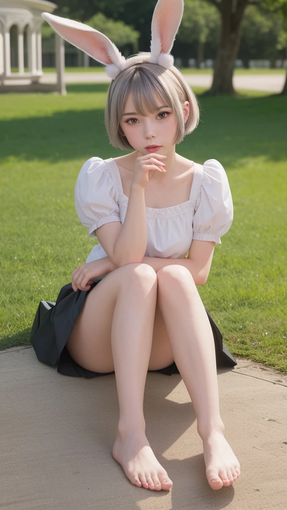 ((Masterpiece,Best quality)),1girll, Solo, Animal ears, Rabbit, Barefoot, Knees up, dress, Sitting, Rabbit ears, Short sleeves, view the viewer, Grass, Short hair, Smile, White hair, Puffy sleeves, Outdoors, puffy short sleeves, bangs, on ground, full bodyesbian, Animal, White dress, Sunlight, Brown eyes, Dappled sunlight, day, Depth of field ,Wet gorund,