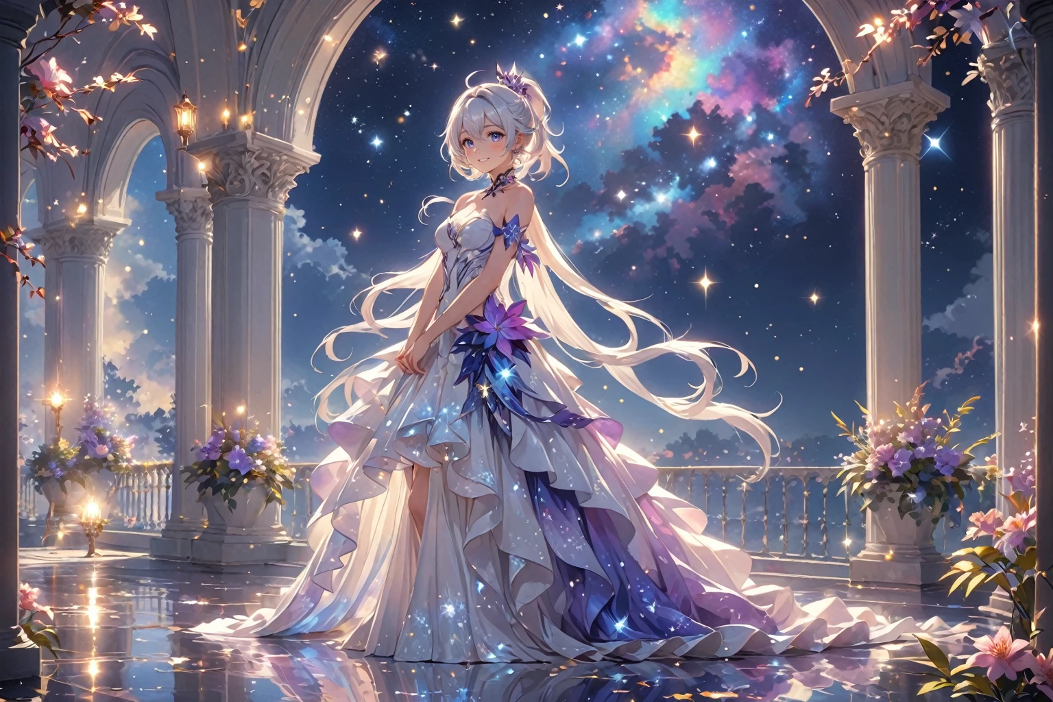 (best quality,4k,8k,highres,masterpiece:1.2),kiana_kaslana_\(herrscher_of_finality\)_(honkai_impact\),A girl standing alone under the starry night sky, with her silhouette illuminated by the soft moonlight and twinkling stars. Her face is beautifully detailed, with sparkling blue purple eyes, long and fluttering eyelashes, and exquisitely defined lips. She has a long,white ponytail blowing in the breeze. She is dressed in an elegant gown, flowing and ethereal, embracing her figure gracefully as it glimmers with a subtle celestial glow. The intricate details of her dress catch the faint starlight, creating a mesmerizing sparkle. The surrounding landscape showcases a marble balcony looking out at a serene garden, lush with vibrant foliage and colorful flowers. The air is filled with a gentle breeze, causing the leaves to rustle and the flowers to sway delicately. The garden is bathed in a warm, dreamy color palette, with hues of deep blues, purples, and hints of silver. The atmosphere is calm and tranquil, evoking a sense of peace and serenity. The artwork is of the highest quality, meticulously created with ultra-detailed brushstrokes and precise attention to every element. The texture and depth of the painting are breathtaking, with a sense of realism and photorealism that captures the awe-inspiring beauty of the night sky. The lighting is soft and diffused, casting a gentle glow over the entire scene, enhancing the magical ambiance. (ai-generated:.25),(dsmile:.25)