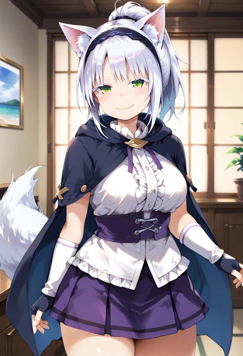 score_9, score_8_up, score_7_up, source_anime, masterpiece, absurdres, perfect face, solo cute expression, perfect face, 1girl, solo, white hair, animal ears, (white eyeliner) ,(green eyes), (white eyeshadow), (white eyelashes), FujisakaLP, bangs, long hair, wolf ears, wolf tail, wide thighs, wide hips, smiling,(mature woman), (big breasts:0.8), best quality, ultra high res, ponytail, extremely detailed face, perfect lighting, ultra high res, ultra detailed, nancy1, looking at viewer, living room, smile, blush, standing, close up view, Osakabehime_Default, hairband, frilled shirt, purple skirt, hooded cloak, arm warmers, fingerless gloves