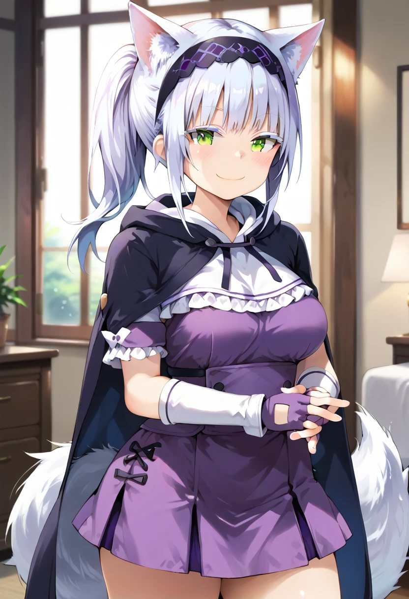 score_9, score_8_up, score_7_up, source_anime, masterpiece, absurdres, perfect face, solo cute expression, perfect face, 1girl, solo, white hair, animal ears, (white eyeliner) ,(green eyes), (white eyeshadow), (white eyelashes), FujisakaLP, bangs, long hair, wolf ears, wolf tail, wide thighs, wide hips, smiling,(mature woman), (big breasts:0.8), best quality, ultra high res, ponytail, extremely detailed face, perfect lighting, ultra high res, ultra detailed, nancy1, looking at viewer, living room, smile, blush, standing, close up view, Osakabehime_Default, hairband, frilled shirt, purple skirt, hooded cloak, arm warmers, fingerless gloves