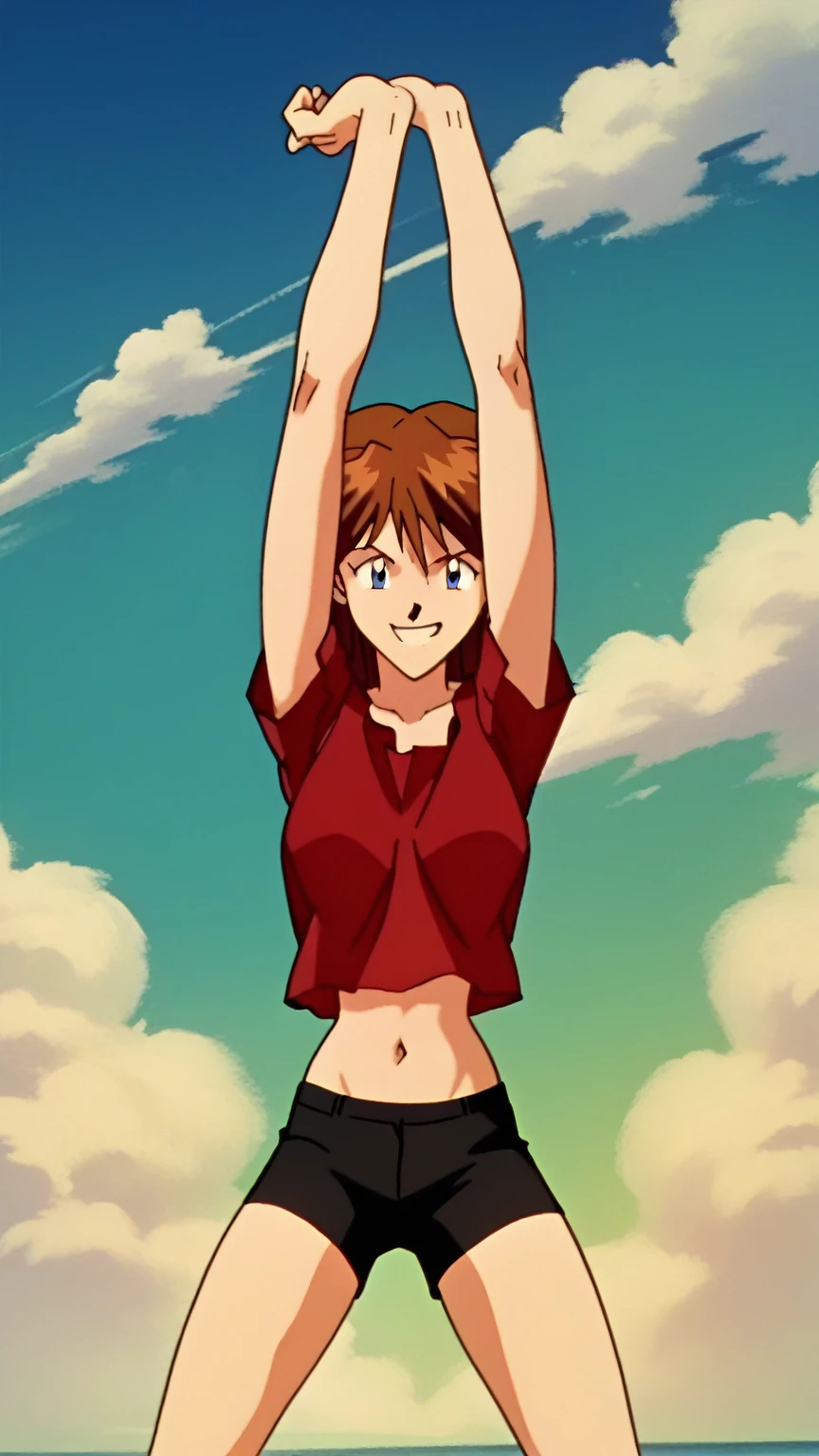 asuka, 1girl, solo, full body, long_hair, smile, blue_eyes, brown_hair, red shirt, black shorts, midriff, belly button, sky, day, cloud, orange_hair, interface-headset, red crop-top, stretching, arms_up