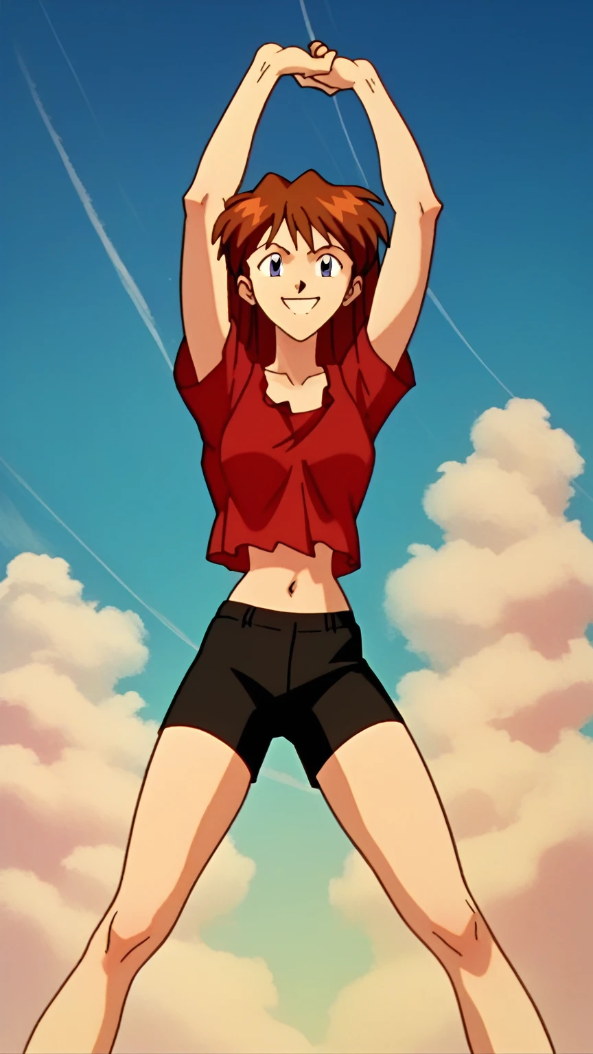 asuka, 1girl, solo, full body, long_hair, smile, blue_eyes, brown_hair, red shirt, black shorts, midriff, belly button, sky, day, cloud, orange_hair, interface-headset, red crop-top, stretching, arms_up