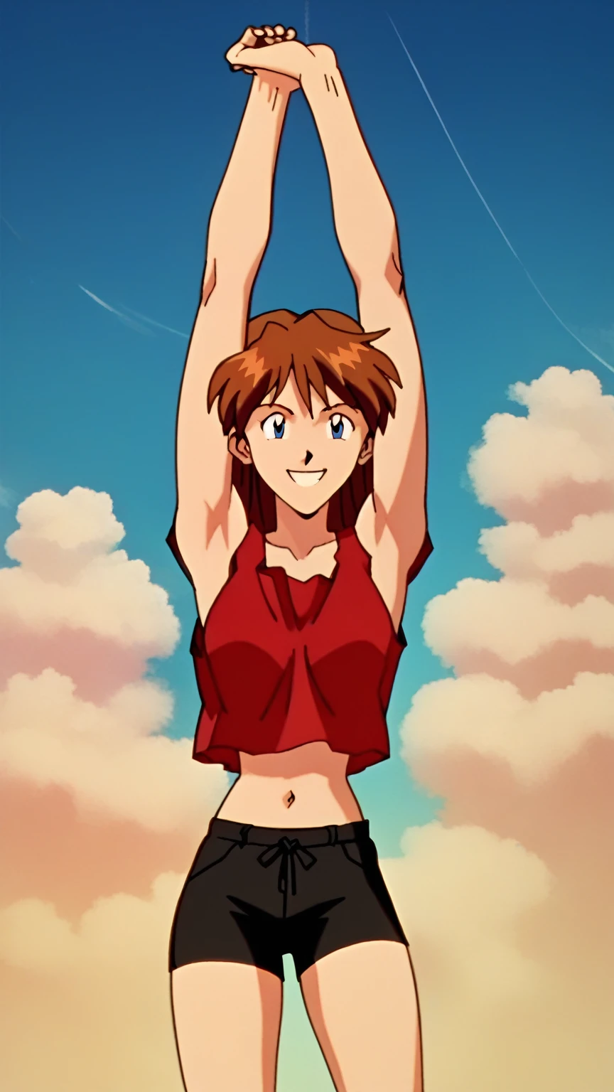 asuka, 1girl, solo, full body, long_hair, smile, blue_eyes, brown_hair, red shirt, black shorts, midriff, belly button, sky, day, cloud, orange_hair, interface-headset, red crop-top, stretching, arms_up