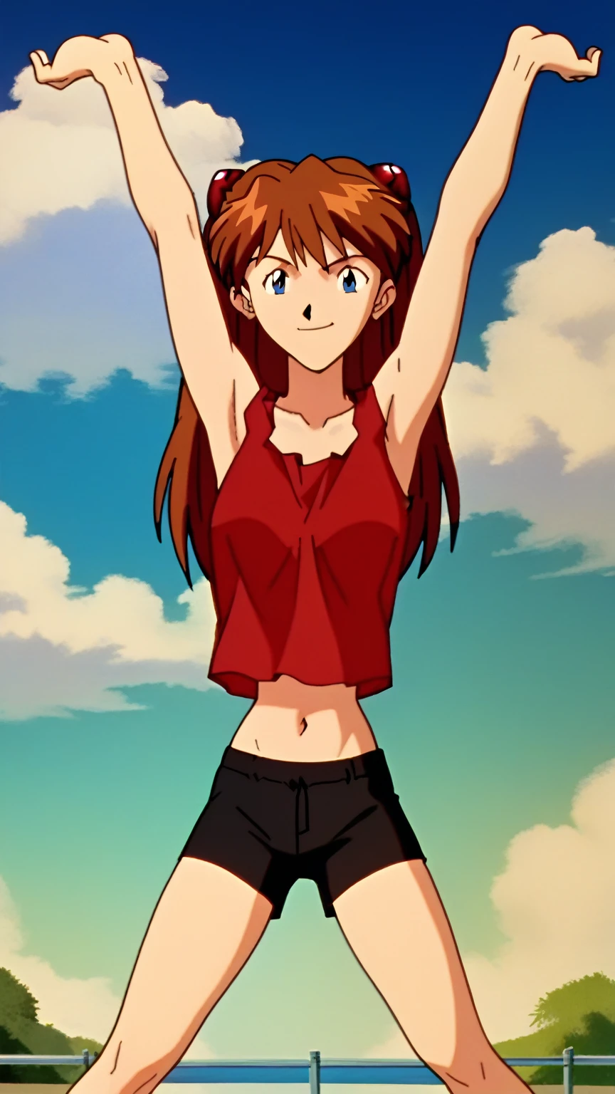 asuka, 1girl, solo, full body, long_hair, smile, blue_eyes, brown_hair, red shirt, black shorts, midriff, belly button, sky, day, cloud, orange_hair, interface-headset, red crop-top, stretching, arms_up