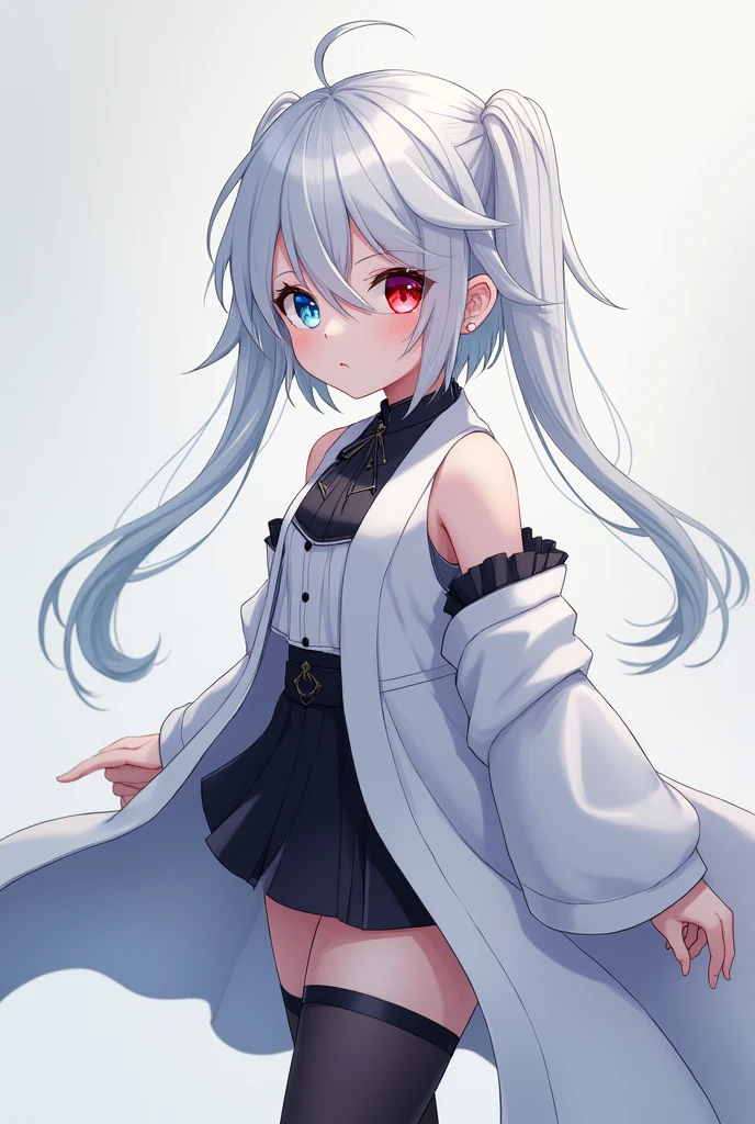 best quality, ultra precision, 1girl, cute, , young, boyish, childish, sbreasts, silver hair, cat ears, blue eyes, beautiful eyes, girl, ecstasy, sailor collar, estrus, metestrus, start to undress, naughty mood, she loves you, lost virgin, virgin, blush, beautiful skin, big bow on chest I'm not wearing panties BLUE SWEATER, BLACK SHIRT, SHIRT UNDER SWEATER, OFF SHOULDER TOP) Tsundere In the room