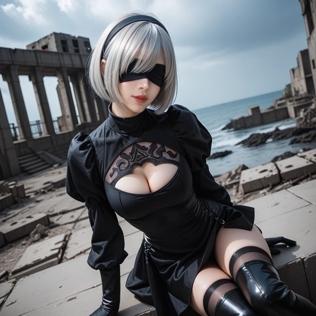 score_9, score_8_up, score_7_up, 32k,masterpiece, highest quality, 
photo realistic, super detail, vibrant colors, chiaroscuro lighting, cinematic lighting,
1 woman inspired nier automata 2B,
bob cut, silver hair, mole under mouth, black hairband, black blindfold, covered eyes,
black dress, long sleeves,  Juliet sleeves, cleavage cutout, black gloves, puffy sleeves, black thigh-high under boots,
ruins by the sea, destroyed industrial complex, dark cloudy sky,
seductive pose, dramatic angle,