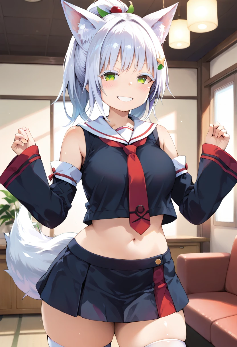 Silver Hair、Wolf ears、tail、Short Hair、boyish、Cool、One eye is hidden by hair、Small breasts、Expressionless、Showing her 、classroom、high school student、Nipples are visible