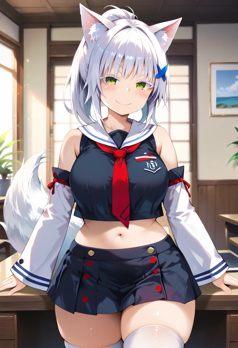 score_9, score_8_up, score_7_up, source_anime, masterpiece, absurdres, perfect face, solo cute expression, perfect face, 1girl, solo, white hair, animal ears, (white eyeliner) ,(green eyes), (white eyeshadow), (white eyelashes), FujisakaLP, bangs, long hair, wolf ears, wolf tail, wide thighs, wide hips, smiling,(mature woman), (big breasts:0.8), best quality, ultra high res, ponytail, extremely detailed face, perfect lighting, ultra high res, ultra detailed, nancy1, looking at viewer, living room, smile, blush, standing, close up view, mio_base, hair ornament, sailor collar, red necktie, black shirt, black skirt, detached sleeves, midriff, kouhaku nawa, white thighhighs,