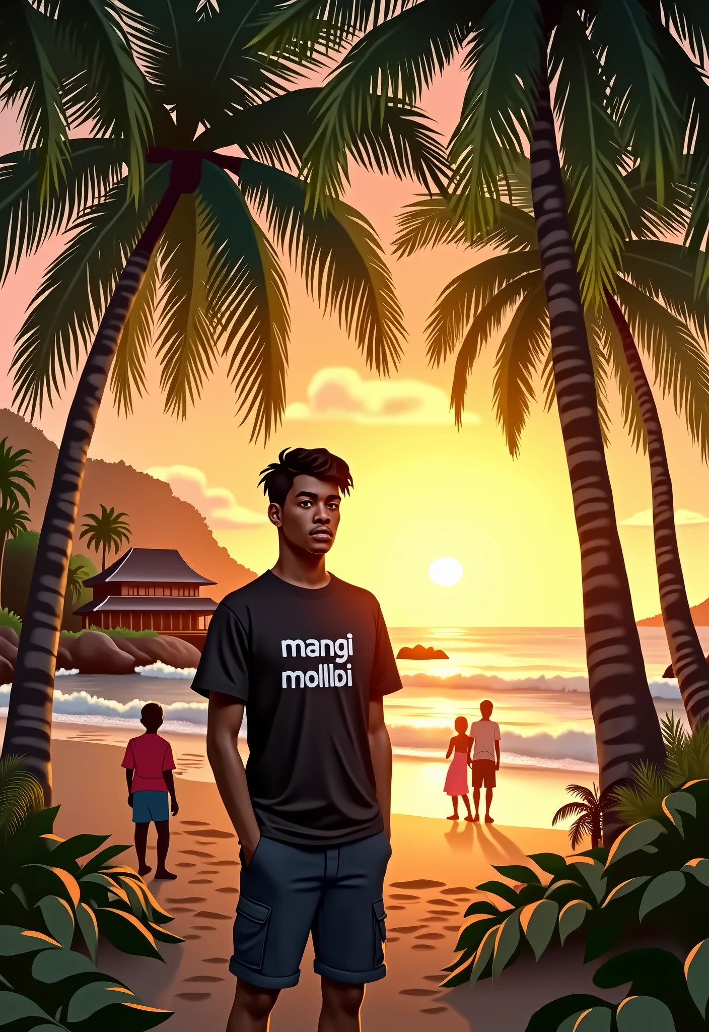 A spirited teenager standing confidently with a bright, hopeful expression, symbolizing the future of Indonesia. The background features a blend of modern urban elements and natural beauty, such as towering skyscrapers and lush landscapes, all bathed in a warm golden light, representing a prosperous and thriving Indonesia. The teenager is dressed in casual, vibrant clothing that reflects youthful energy and modernity. The overall atmosphere is inspiring and uplifting, with the caption "Golden Indonesia, Golden Youth" prominently displayed in a bold, elegant font across the top of the image. The image should evoke a sense of pride, hope, and the bright future of Indonesia's youth.