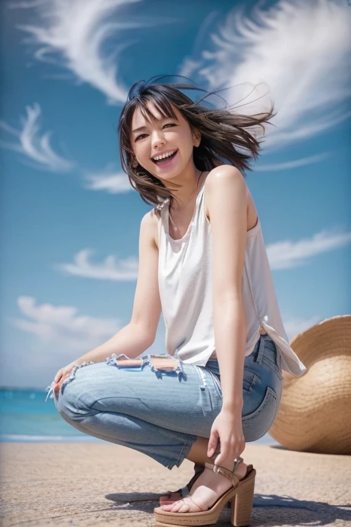 RAW photo, delicate, best quality, 1girl, solo, 8k uhd, film grain, (photorealistic:1.3), (detailed skin:1.2), 1 girl, cute, solo, (beach), (sea), (blue sky), (nose blush), (smile:1.15), (closed mouth), cleavage, (denim), (jeans), beautiful detailed eyes, daylight, floating hair NovaFrogStyle, full body, see-through, wet clothes, (white T-shirt), happy, hot <lora:DingZhenlora_v1:1>
