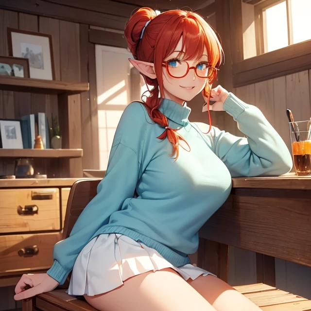 High quality very detailed clean image
1woman, milf, elf, citizen, crimson red hair tied in a ponytail with a white beautiful reibbon, 50 years old milf, fair skin, light blue green eyes, thin lips, medium big breasts, big butt, short pinted ears with tiny orange gems, kind smile, calm demeanor, pale white medium skirt, pale white sweater with blue painted details in sweater, square glasses, viking stailed modern house, viking stailed modern living room, windows, snow streets throught windows,
