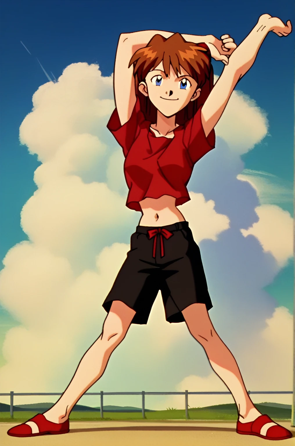 asuka, 1girl, solo, full body, long_hair, smile, blue_eyes, brown_hair, red shirt, black shorts, midriff, belly button, sky, day, cloud, orange_hair, interface-headset, red crop-top, stretching, arms_up