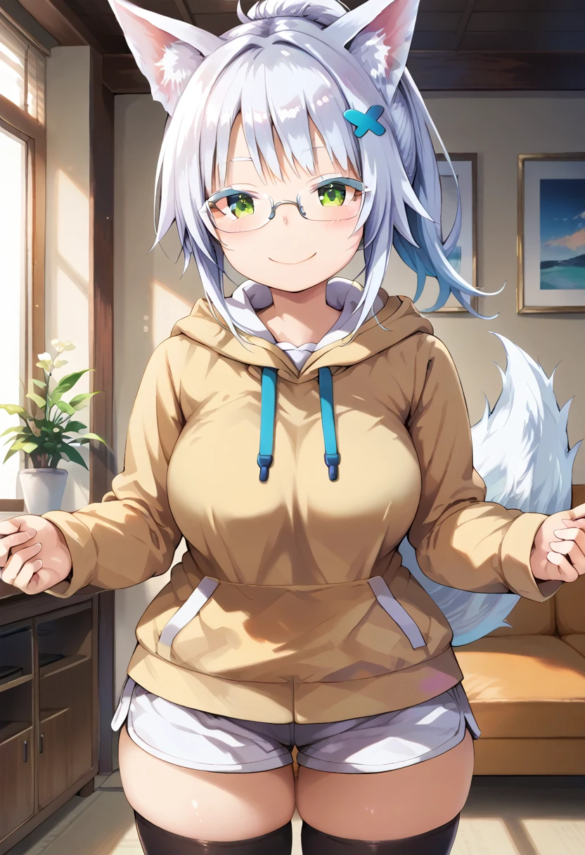 score_9, score_8_up, score_7_up, source_anime, masterpiece, absurdres, perfect face, solo cute expression, perfect face, 1girl, solo, white hair, animal ears, (white eyeliner) ,(green eyes), (white eyeshadow), (white eyelashes), FujisakaLP, bangs, long hair, wolf ears, wolf tail, wide thighs, wide hips, smiling,(mature woman), (big breasts:0.8), best quality, ultra high res, ponytail, extremely detailed face, perfect lighting, ultra high res, ultra detailed, nancy1, looking at viewer, living room, smile, blush, standing, close up view, mio_hoodie, hair ornament, two-tone hoodie, glasses, short shorts, black pantyhose,