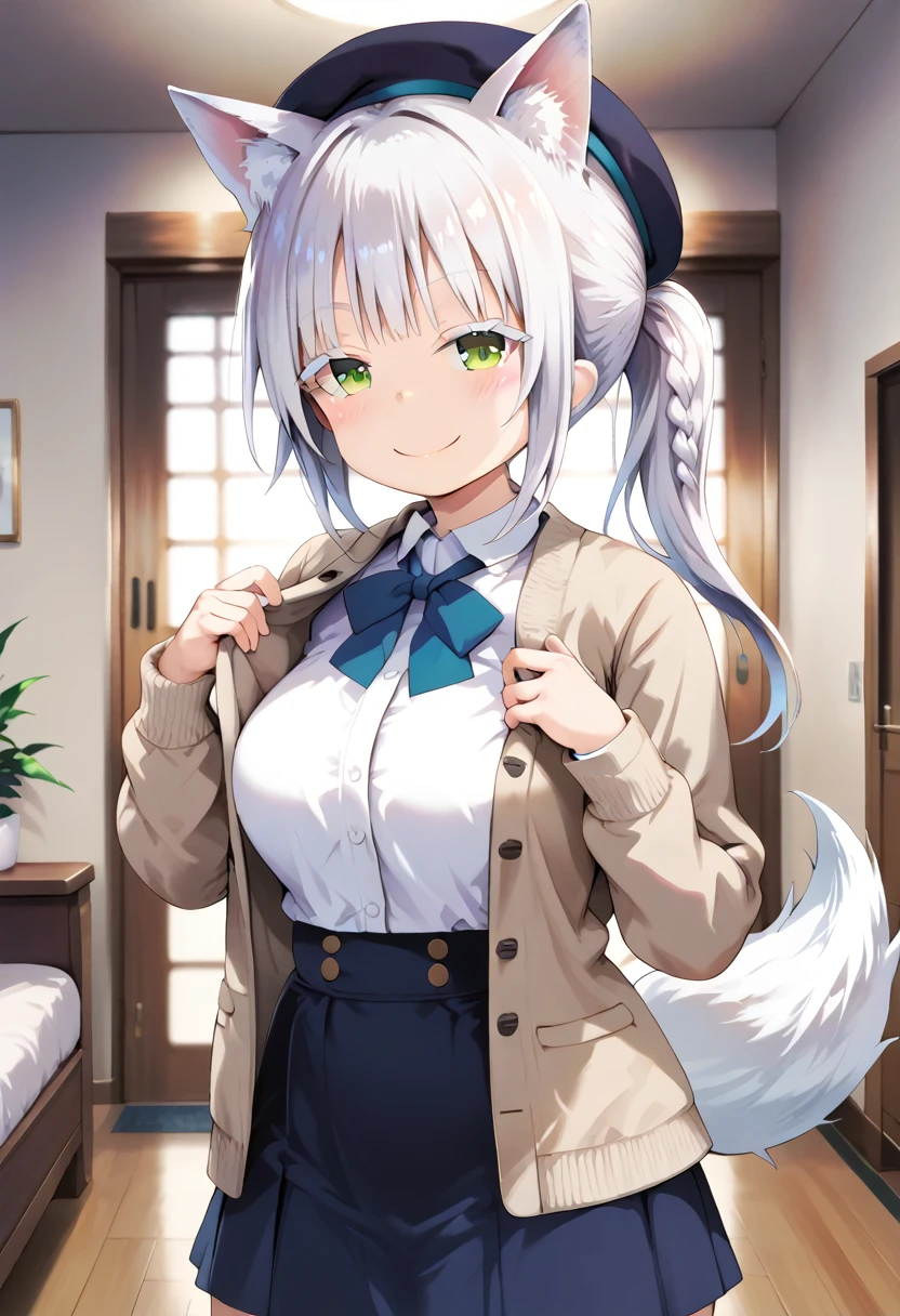 score_9, score_8_up, score_7_up, source_anime, masterpiece, absurdres, perfect face, solo cute expression, perfect face, 1girl, solo, white hair, animal ears, (white eyeliner) ,(green eyes), (white eyeshadow), (white eyelashes), FujisakaLP, bangs, long hair, wolf ears, wolf tail, wide thighs, wide hips, smiling,(mature woman), (big breasts:0.8), best quality, ultra high res, ponytail, extremely detailed face, perfect lighting, ultra high res, ultra detailed, nancy1, looking at viewer, living room, smile, blush, standing, close up view, mio_street, side braid, brown cardigan, open cardigan, white shirt, high-waist skirt, beret, 