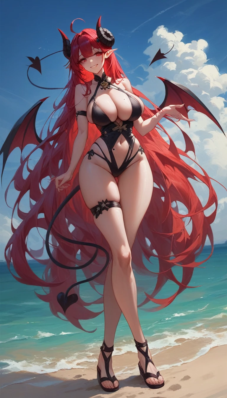 1girl, hinsd, azur lane, (best quality), ((masterpiece)), (highres), 16K, perfect face, absurdly long hair, ahoge, hair between eyes, mole under eye, demon horns, demon tail, demon wings, pointy ears, wearing black bikini, sandals, busty body, large breasts and a beautiful ass, showcasing cleavage, legs, hips, looking at viewer, smile, detailed full body, thigh details, beach background