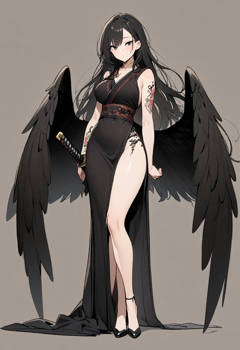 (((anime coloring, manga style))), woman, black panties, black bra, barefoot, black wings, black horns, red pupils, (big breasts), big thighs, (tattoos on torso), standing, (open legs), looking at viewer, full body
