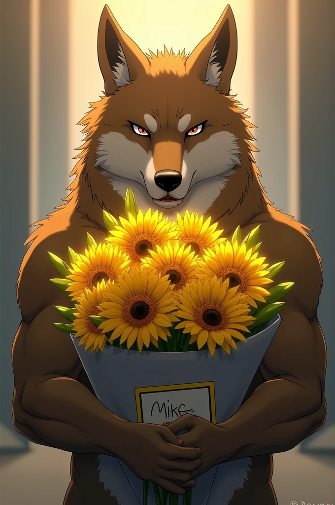 Wooden golden jackal torso, tribal, flowers, African tribal totem, wooden statue torso, statue, inanimate, athletic frame, male, femboy, pretty, messy hair, brown_body, brown_skin, zulu, ritualistic, anime style