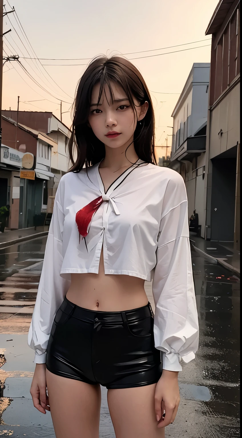 masterpiece, best quality, looking at viewer, facing viewer, bare legs, 1girl, solo, upper body, bow, serafuku, disgusted face, night time, heavy rain, outdoors, city, crop top, navel, wet clothes, drenched, overly long sleeves, hands in sleeves, blood tears, blood marks, dark alleyway, blood splattered on the ground, red bright light, glowing eyes, depth of field,holding a knife,red sky, atmofer,perfect hands