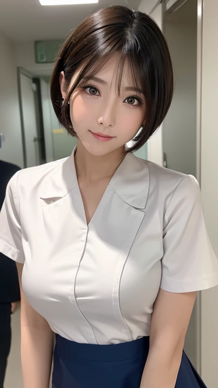 (1 Girl)、(Beautiful Japanese、18years old,round face、Refreshing、clear、seems kind、stylish、Pitiful、cute like an angel、cute、black eyes、,actress,Almond-shaped eyes), Good style , (Beautiful big breasts:1.2),(soft breasts),(very cute),(Black hair),(short bob hair),(enchanting eyes),(highlight on eyes:1.2)、(8K、Live shooting、highest quality、masterpiece:1.2、optimal lighting)、((masterpiece)),(Photo taken by a professional photographer),(real、photo real:1.4),break,{ (White nurse costume),(((taraditional nurse uniform))),(White nurse mini skirt),((White pantyhose)),(cleavage:1.2)},(Smile),(cheeks are red:1.2), break, break,Hospital,Face shot:1.3、Hospital waiting room、Looking Back at viewer:1.4, face close-up,Dynamic angle,leaning forward