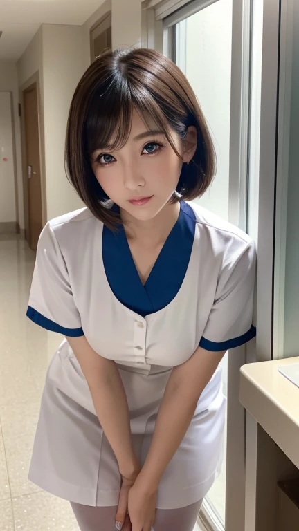 (highest quality、masterpiece:1.2)、super detailed、(photo-realistic:1.4)、Japanese、cute、25 years old、Looking out of the camera、random hairstyle、random facial expressions、Light blue nurse clothes、downblouse, light_particle、bright hospital、stand、(leaning forward)、You can see a little cleavage