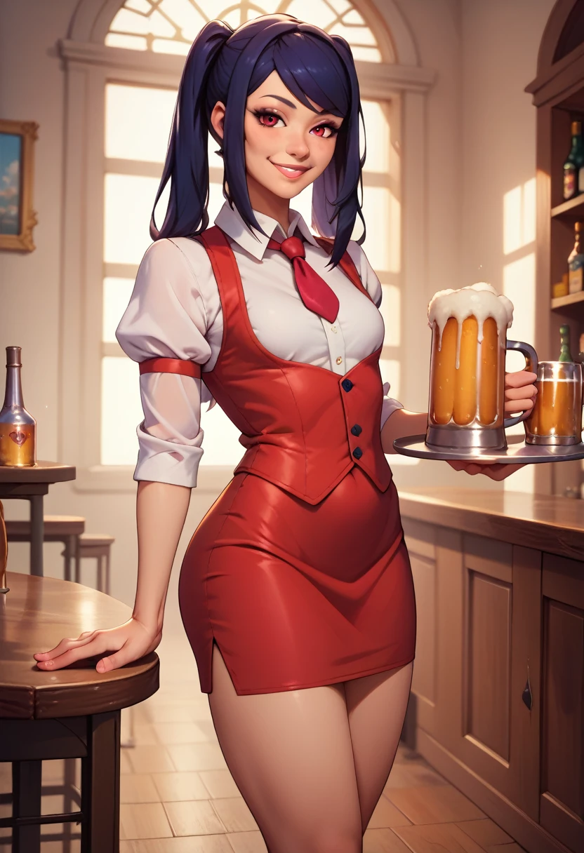 8k, high detailed picture, (plump smiling lips:1.1), look at you, perfect flat breast, smile, thin and elegant hands, neat palms, perfect hands, holds in hands a tray with beer mugs, neat feet, skinny girl, long legs, tight micro skirt, Bar photo, jill stingray, necktie, alcohol