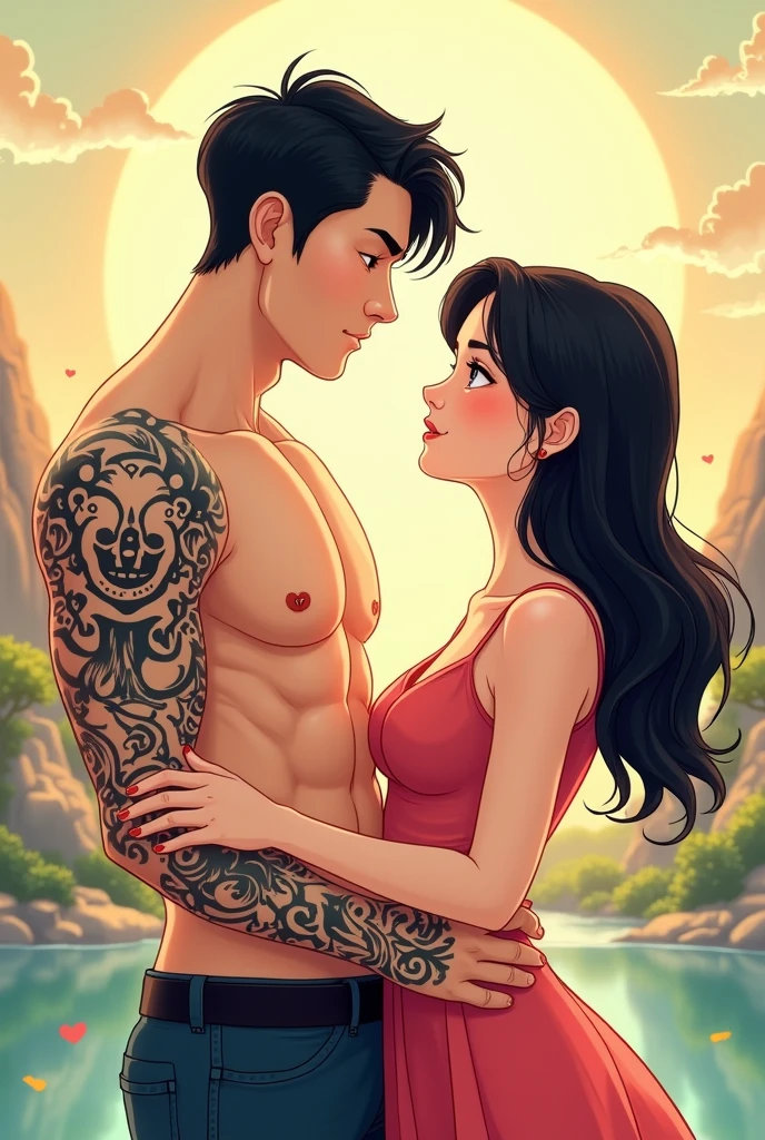 Asian Men hugging Asian Women from behind her body, Hugging Spooning position, Cuddling around Spooning position in ground of field, men are fully naked no clothes on while women with clothes on, having intercourse, comic artstyle 2D