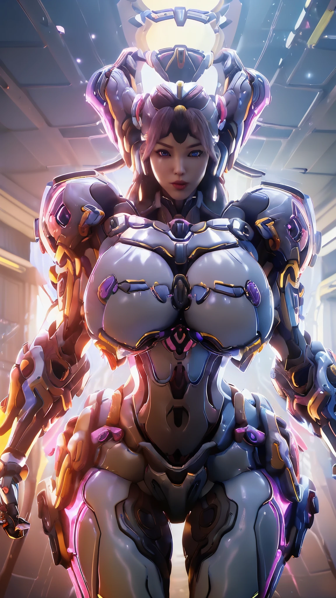 (HYPER-REALISTIC:1.5), (COLORFUL TWINTSIL HAIR:1.2), MASTERPIECE, BEST QUALITY, 1GIRL, CLOSE UP UPPER BODY, COWBOY SHOT PORTRAIT, ACCESSORIES AT THE BACK, ((CLEAVAGE BREAST IMPLANTS/ROUND BREASTS: 1.5)), (HUGE K CUP BREASTS: 1.6), (11 LINE ABS ABS: 1.5), (WIDE HIPS: 1.5)), ((MAGENTA SHINY FUTURISTIC MECHA ARMOR OVERWATCH: 1.5)), ((CURVY MUSCULAR BUSTY BODY TYPE:1.5)), ((SWEATING ALL OVER THE BODY)), (GLOSSY BODYSKIN:1.5), (LOOKING AT VIEWER:1.6), (BACKGROUND FUTURISTIC SPACE STATION:1), (PHOTOREALSITIC:1.5), (ULTRA-DETAIL), (TOP-QUALITY), (BEST SHADOWS), BRIGHT LIGHT IN ROOM, HYPER TEXTURE, (4X MSAA), ((UNREAL ENGINE 5 RENDER)), (NEON), PHYSICALLY-BASED RENDERING, ULTRA HIGHT DEFINITION, 16K, DSLR, 1080P.