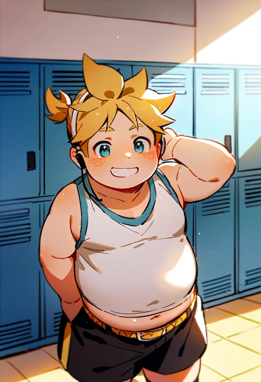 1 boy, (fat male child), (Kagamine Len), (cute), obese, chubby cheek, fat rolls, tank top, earphone, (chubby), (plump), (belly significantly spill over the waistband), standing in a changing room, (full blushed), belly button exposed, showing off his belly, smirk proudly