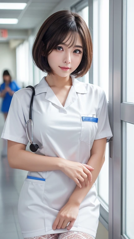 (Ulzzang-6500-v1.1, masterpiece, highest quality:1.3, ultra-detailed 8k:1.2, hyperrealistic:1.35, raw photo:1.2, highest quality, high resolution, wallpaper, realistic, dramatic, realistic painting art by midjourney:1.3, 1 nurse, 28yo, pink nurse uniform, short white tight skirt:1.3, walking in a hospital, super beautiful, beautiful skin, detailed face, symmatrical face, double eyelid, beautiful and detailed eyes, friendly kind smile, beautiful glossy lips, snaggle-tooth, short bob hair, ponytail, chest strengthening, ample bosom, emphasize body line, perfect style, cowboy_shot, bokeh background, natural soft light)