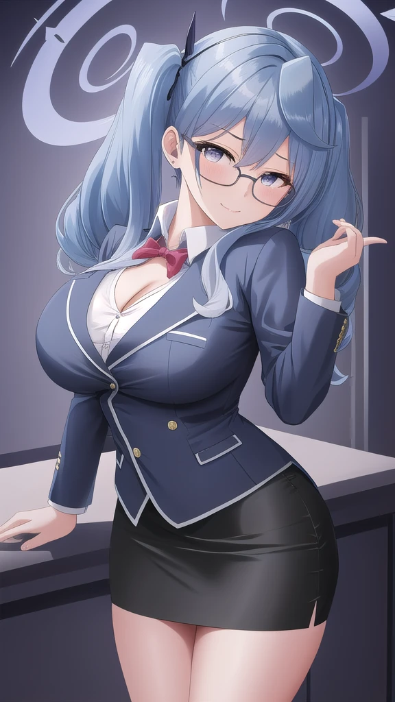  Erotic、Blue Archive　Tename Ako、Light blue hair, long twin tails, voluminous、Glasses、Big Breasts, Alone,teacher、 Navy blue blazer、Black pencil skirt, Purple evil background、 Best Quality, Detailed face, Detailed eyes, High resolution,、Evil female executive、Wicked Smile、Cleavage、Sexy pose、Fallen into evil、Fall into Darkness、Dark Side