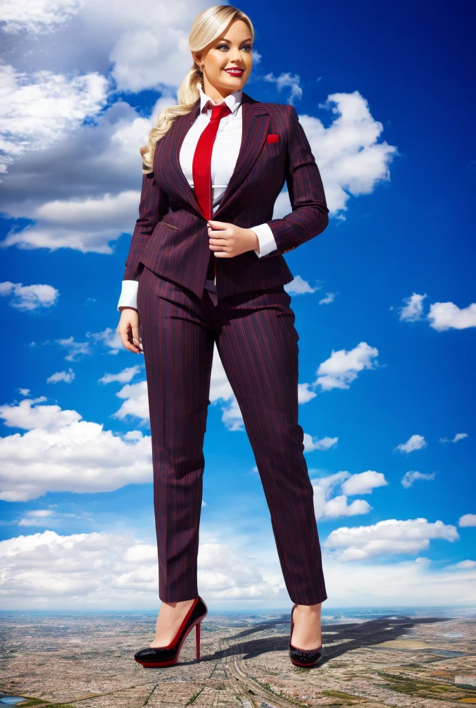 Giantess art, giga giantess in distance walking on through city, multiple women with beautiful curves, massive thighs, blonde hair, lipstick, wearing a perfect form-fitting loght grey pinstripe trouser suit and blazer, crisp white shirt, and a large blade width Windsor knot red tie, with massive breasts. She is wearing platform high heels and standing on a miniature city, with skyscrapers at her feet, smiling with her huge breasts. This image is highly detailed, photorealistic, best quality, a masterpiece, with cinematic lighting, ultra-detailed, featuring black patent Louboutin pumps, long ponytail hair with front bangs, high altitude photography, satellite view, a curvy figure, heaving bosom, legs, a mega city, urban sprawl, small towns, destruction, buildings, roads, a cloudy, overcast, hazy atmosphere, and wispy clouds.