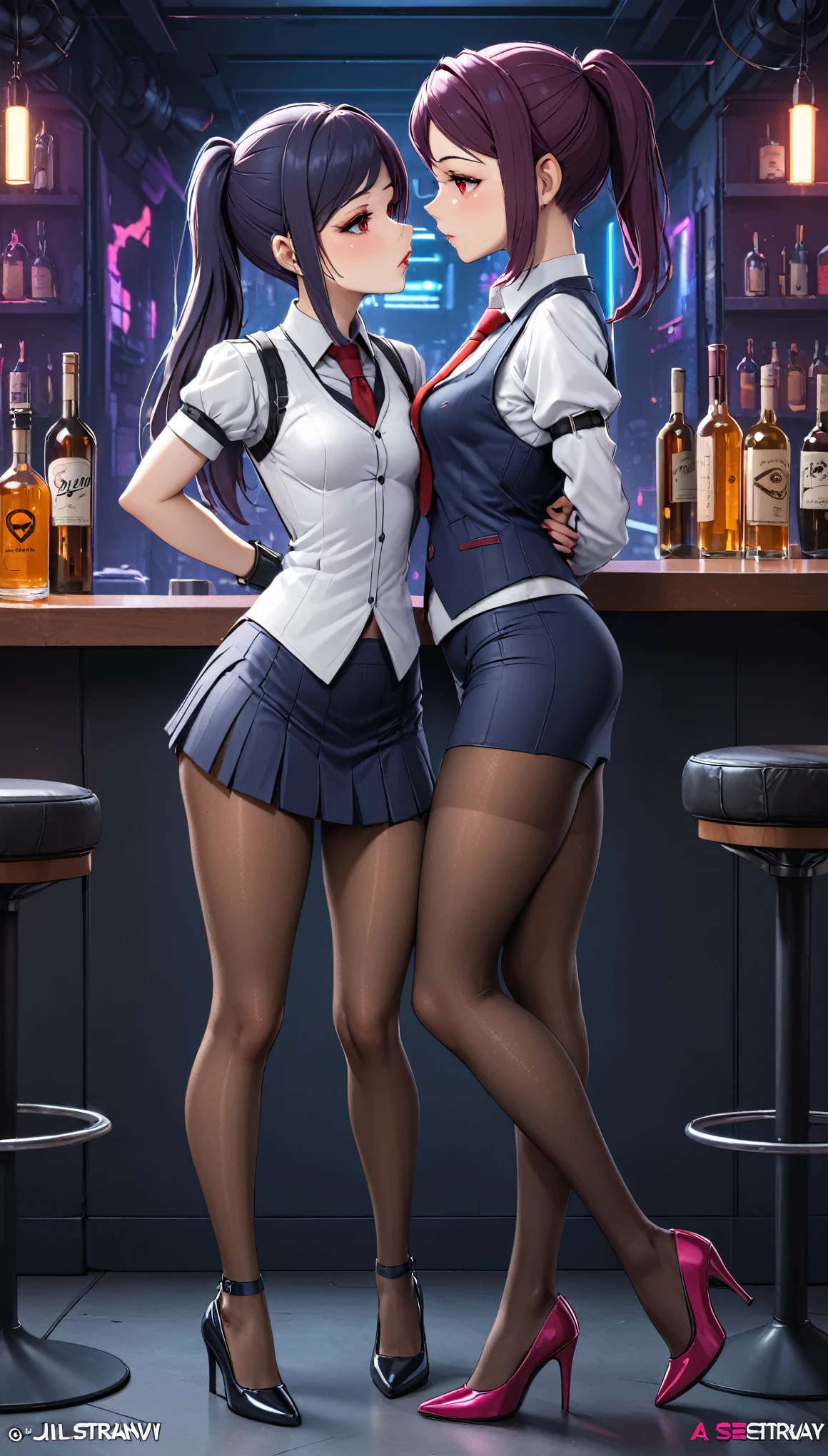 8k, arms behind back, slim figure, flat bust, sparkling red eyes, Light blue eyelashes, high-heels, dark skirt, seductiv, Charming, small tit, jill stingray, necktie, pantyhose, skirt, vest, white shirt, cyberpunk styled bar, masterpiece, lesbian kiss a girl