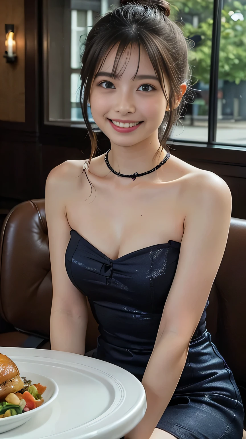 (high quality), (Realistic photos)、woman 1人、((１woman:1.7))、((Eating at a fancy restaurant:1.4))、((Photographed from directly in front:1.5))、((Shooting across a table:1.5)、((Single hair bun:1.5))、((Many sumptuous dinner dishes laid out on the restaurant table:1.7))、((イブニングドレスのwoman:1.4))、Daytime、((A slit dress that accentuates your thighs.:1.4))、((Strapless Dress:1.4))、((smile:1.5))、