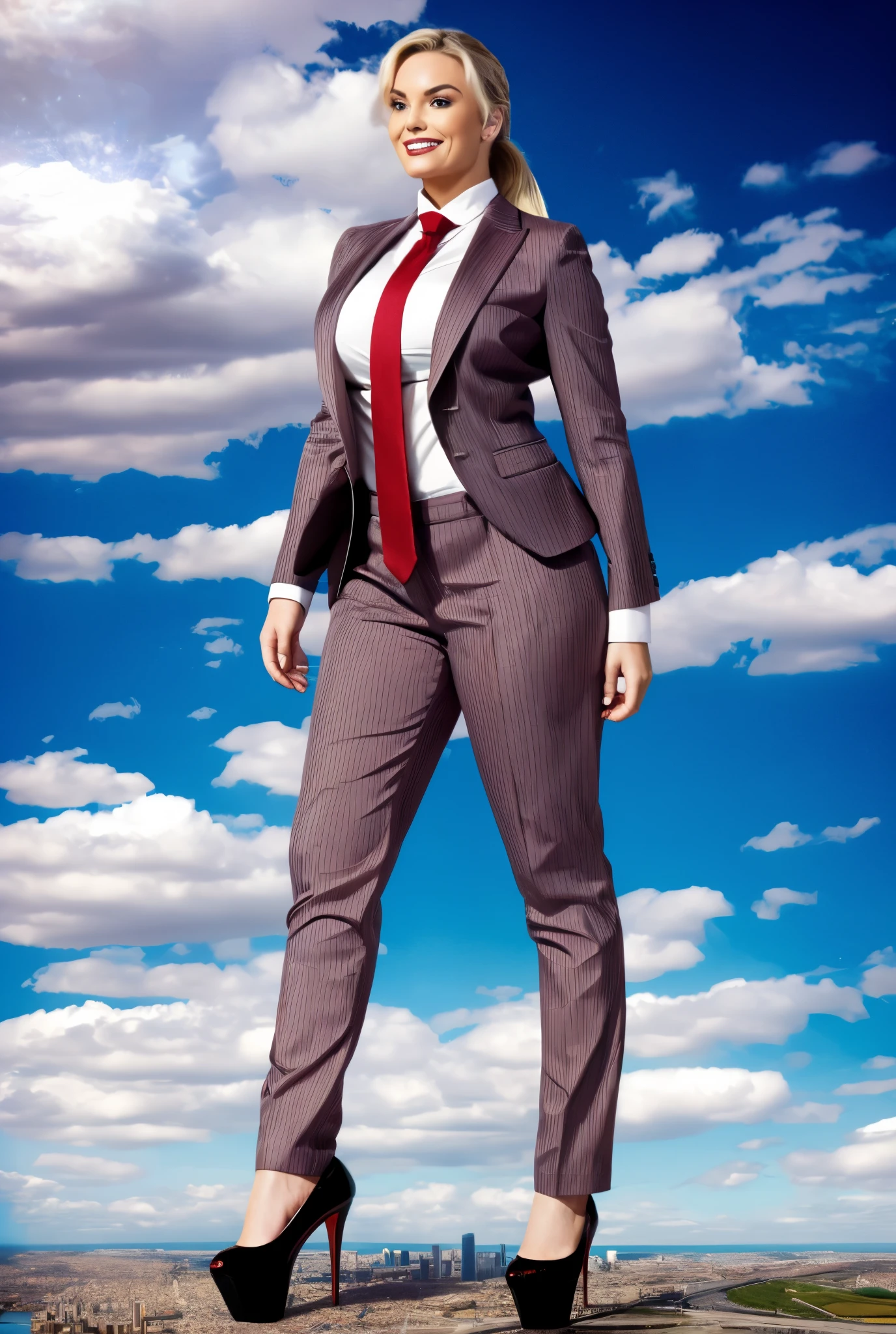 Giantess art, giga giantess in distance walking on through city, multiple women with beautiful curves, massive thighs, blonde hair, lipstick, wearing a perfect form-fitting loght grey pinstripe trouser suit and blazer, crisp white shirt, and a large blade width Windsor knot red tie, with massive breasts. She is wearing platform high heels and standing on a miniature city, with skyscrapers at her feet, smiling with her huge breasts. This image is highly detailed, photorealistic, best quality, a masterpiece, with cinematic lighting, ultra-detailed, featuring black patent Louboutin pumps, long ponytail hair with front bangs, high altitude photography, satellite view, a curvy figure, heaving bosom, legs, a mega city, urban sprawl, small towns, destruction, buildings, roads, a cloudy, overcast, hazy atmosphere, and wispy clouds.