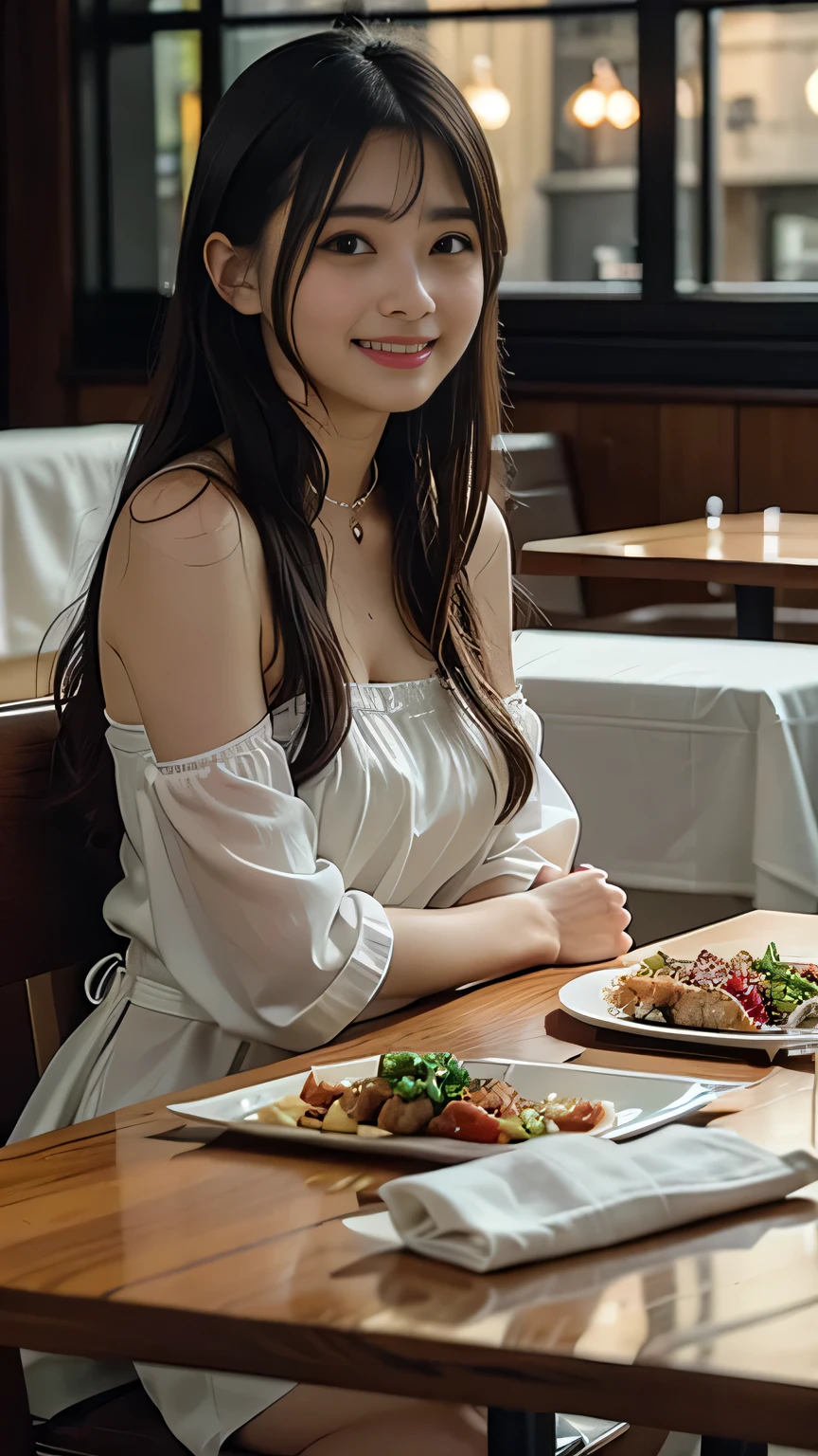 A naked girl is eating at a fancy restaurant