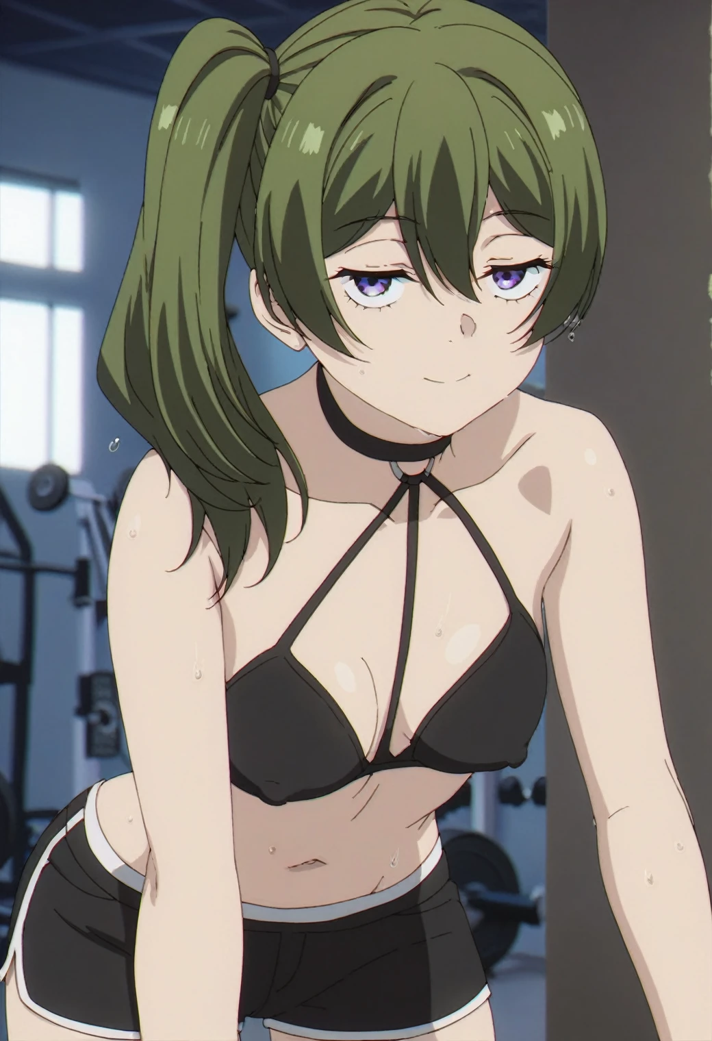 1girl, ubel, solo, green hair, side ponytail, purple eyes, half-closed eyes, small breasts, BREAK
halterneck, black choker, black bra, hotpants, BREAK
closed mouth, wet hair, leaning forward, sweat, looking at viewer, covered nipples, navel, cleavage, BREAK
gym, BREAK
score_9, score_8_up, score_7_up, score_6_up, score_5_up, anime, (high quality, detailed, beautiful), shiny, detailed beautiful eyes, outstanding, countershading, detailed soft lighting