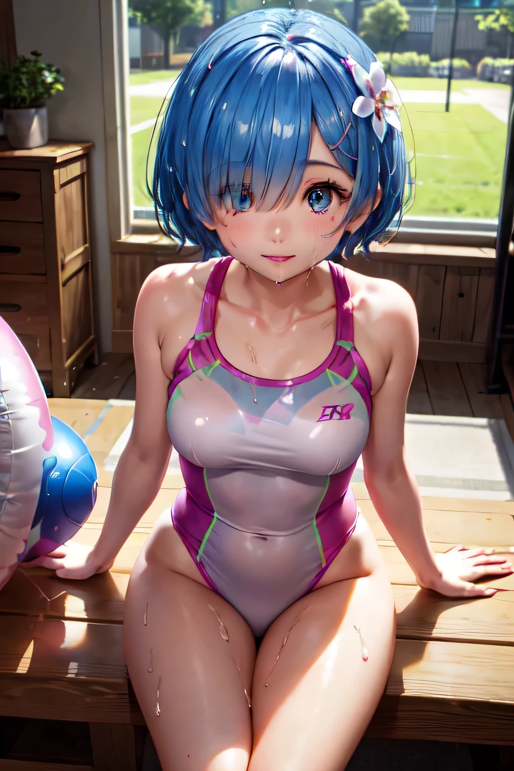 ((top-quality))、((​masterpiece))、1girl in、Formal-up、beautiful detailed eyes and face、pretty skin、a very cute、22year old、School swim wear(darkblue、Simple design、Matte texture、Wrinkle、Polyester material、Nero、shadings、)Wet body、Anime Face、Beautie、Facing the front、big eye(Beautiful fece、Anime Face、Clear eyes、Fine details、Beautiful eyes)Well-formed face(Beautiful nasal muscles、Perplexed、sharp mouth)full of sweat、sodden、Wet feeling、Background with(sunny sky、takeout)、8K picture quality、perfectly proportions、A slender、red blush、female focus on,  hair adornments,length hair, Look at viewers,