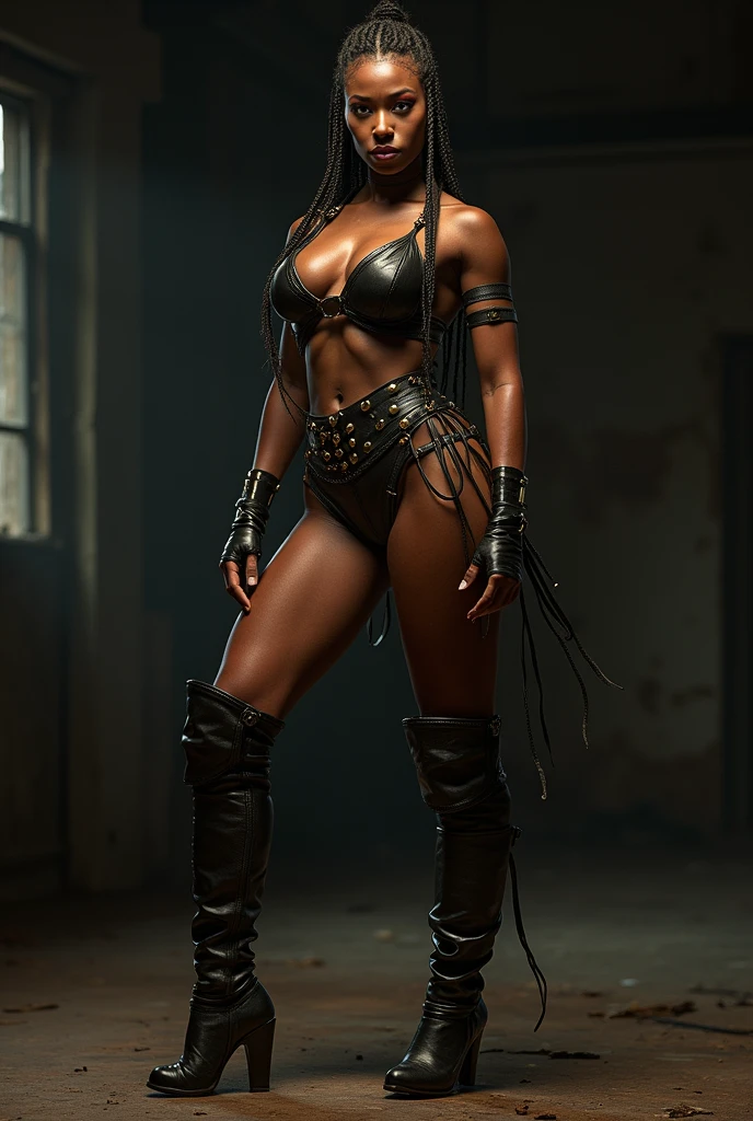 A beautiful detailed ninja girl, detailed face with blue eyes, thick lips and big afro, wearing black japanese ninjutsu gear, holding a black katana, detailed muscular bare legs, thick thighs, huge butt, photorealistic, 8k, highly detailed, studio lighting, dynamic pose, dramatic lighting, cinematic, intricate details