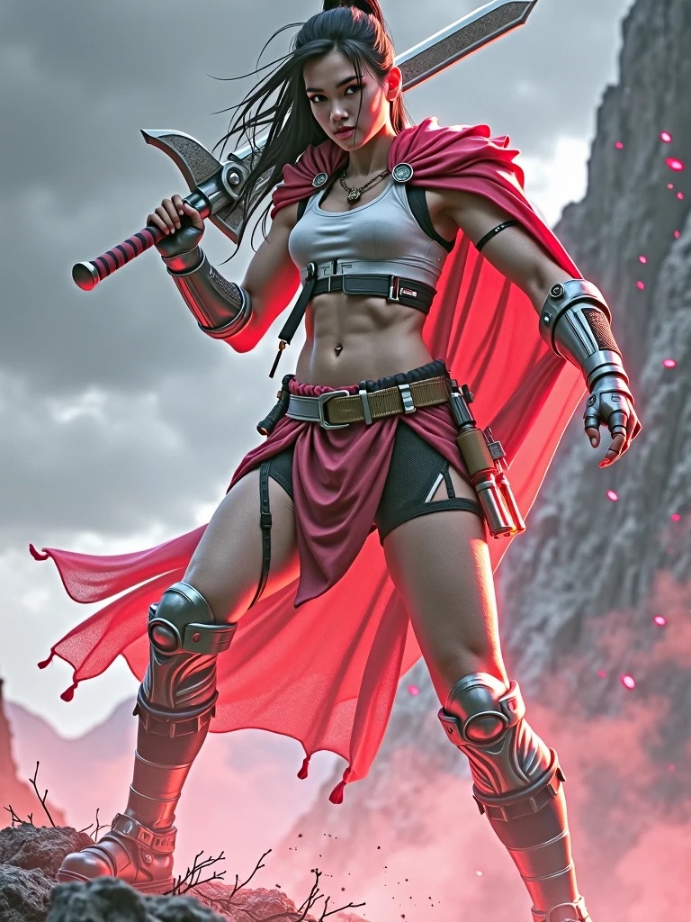 arafed woman in a bikini holding a baseball bat on a rock, muscular warrior women, unreal engine render + a goddess, fighter pose, badass pose, muscular sweat lara croft, fight pose, hot fire giantess, heroic muay thai stance pose, cinematic goddess body shot, akali from league of legends, dramatic powerful pose, fantasy style 8 k octane render(((perhaps))) sky,Degenerator