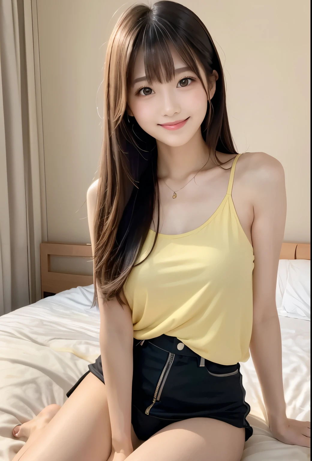 1 girl, 18 years old, playful expression, wearing suspender house clothes, medium breasts, long hair, snack box, on a messy bed, bed next to the window, beige curtains,