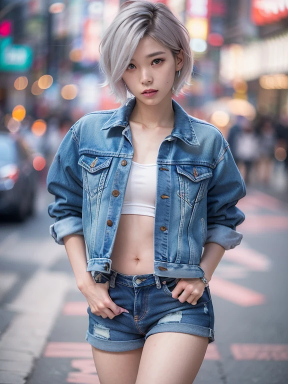 (RAW Photos:1.2), (Realistic:1.4), Cinema Lighting, Beautiful detailed 1 Japanese woman, Very detailed eyes and face,  ((wearing denim jacket on bare skin, no bra and denim shorts)), Beautiful attention to detail, High resolution, Very detailed, Highest quality, masterpiece, pixie cut white hair,  (Dynamic pose), (Sexy pose),  (Bent knees), nsfw, upshorts, from behind, in crowded Akihabara crossing