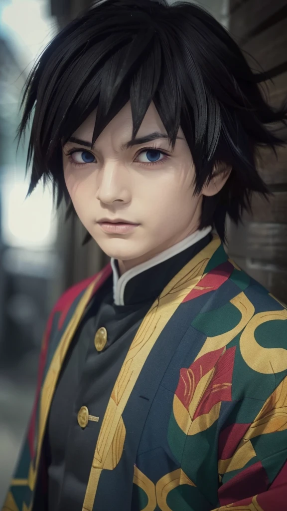 Realistic Giyu tomioka, a boy with realistic blue hair, beautiful detailed eyes, detailed facial features, a beautiful intricate red, blue and yellow kimono, dramatic lighting, anime style, (best quality,4k,8k,highres,masterpiece:1.2),ultra-detailed,(realistic,photorealistic,photo-realistic:1.37),cinematic,dramatic,emotional,powerful,stunning,elegant